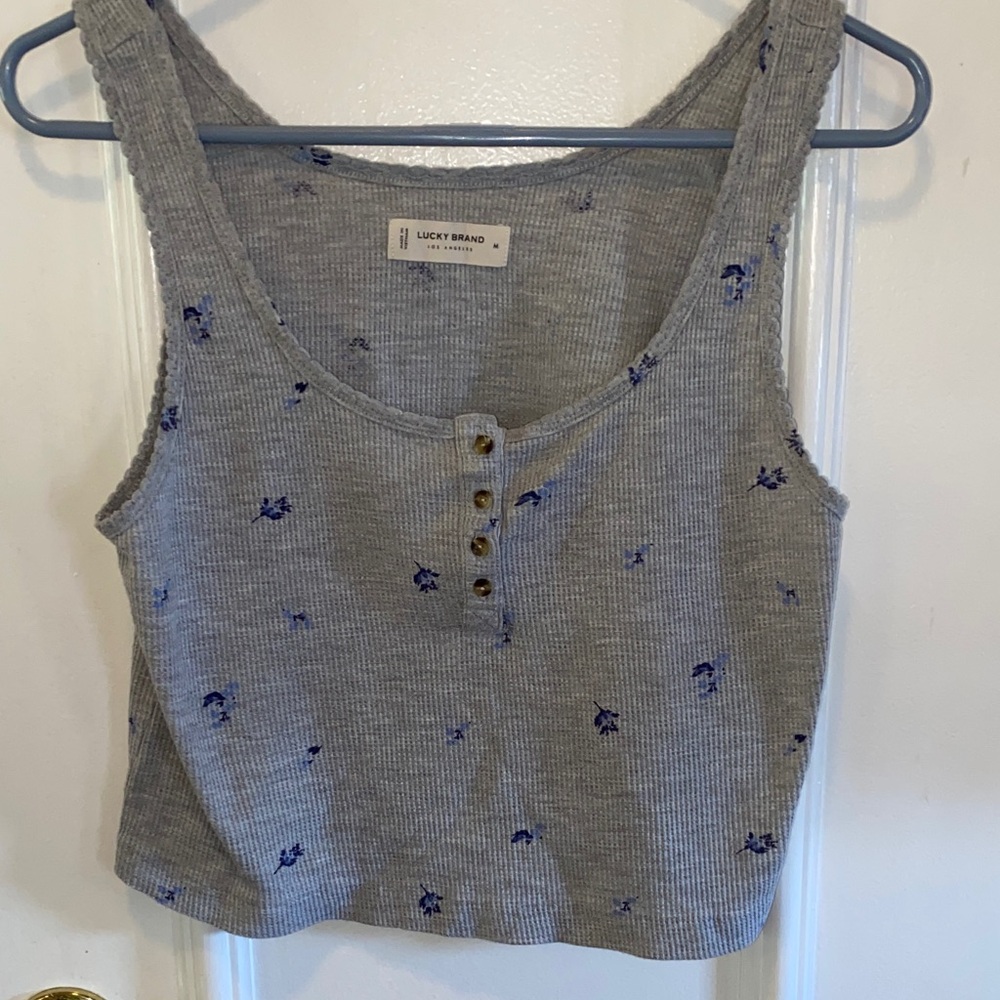 Lucky Brand Heather Gray Crop Tank Top with Blue Floral Accents Size M